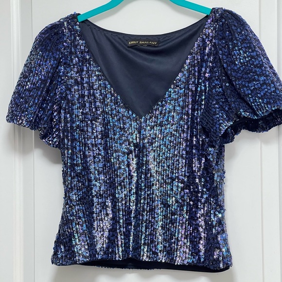 Emily Shalant  Sequin V Neck Top Lined Blue ( 34”Bust x 19”Long) Party Prom - Picture 3 of 9